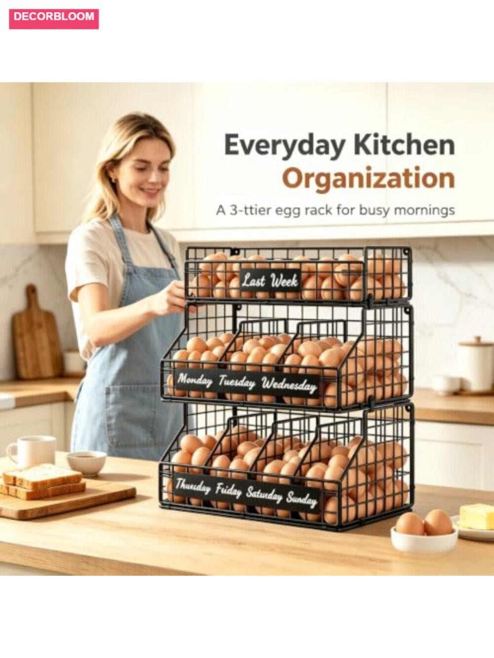 3-Tier Chicken Egg Basket Countertop Organizer with 5 Dividers & Date Labels, - Picture 3 of 6